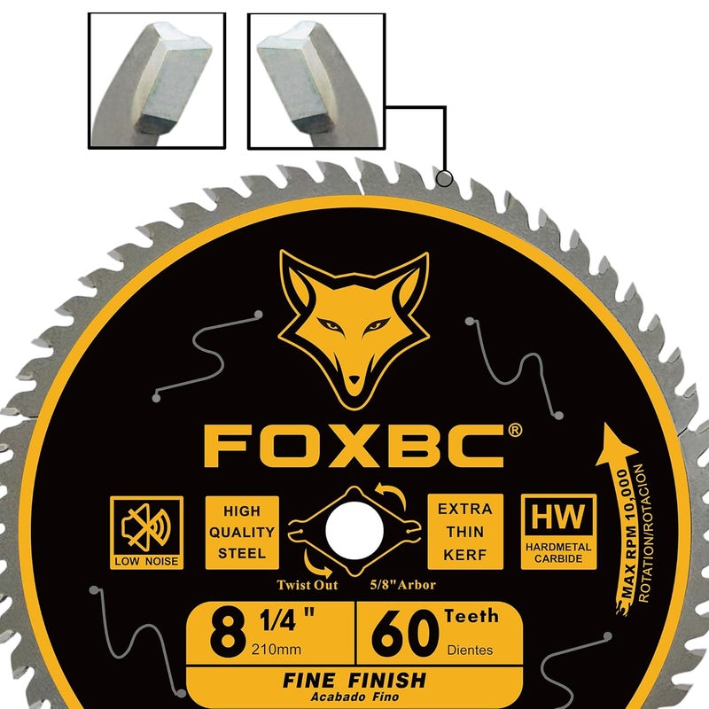 FOXBC 8-1/4 Inch Table Saw Blade 60 Tooth Fine Finish Wood Cutting with 5/8" Arbor, Diamond Knockout - Image 4